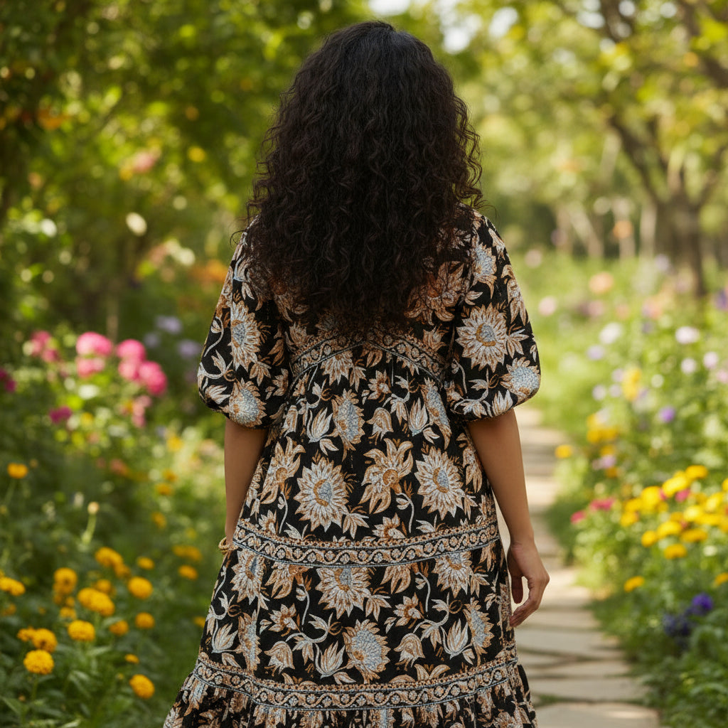 Floral Black Block Printed Cotton Midi Dress