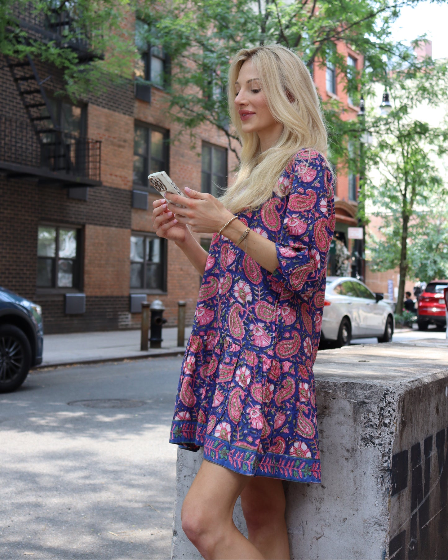 Geometric Printed Midi Dress in Navy Blue