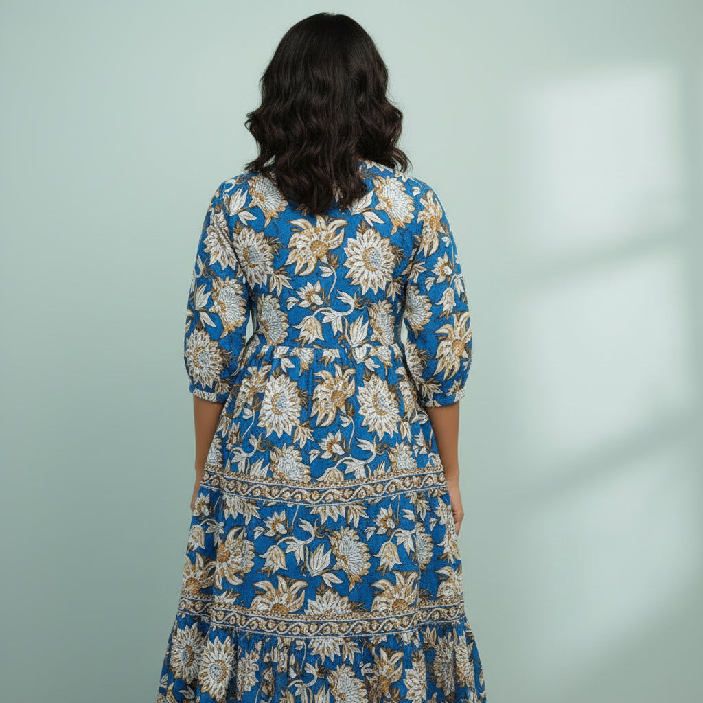 Floral Block Printed Cotton Midi Dress