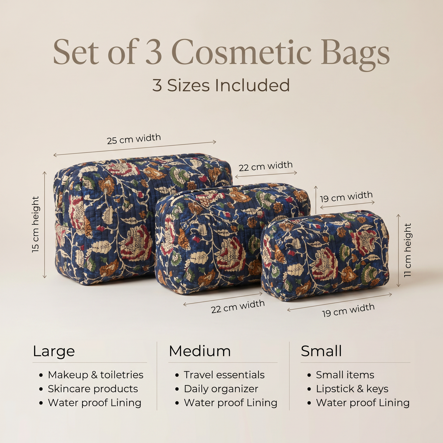 Midnight Blue Vintage Block Print Set of 3 Bags