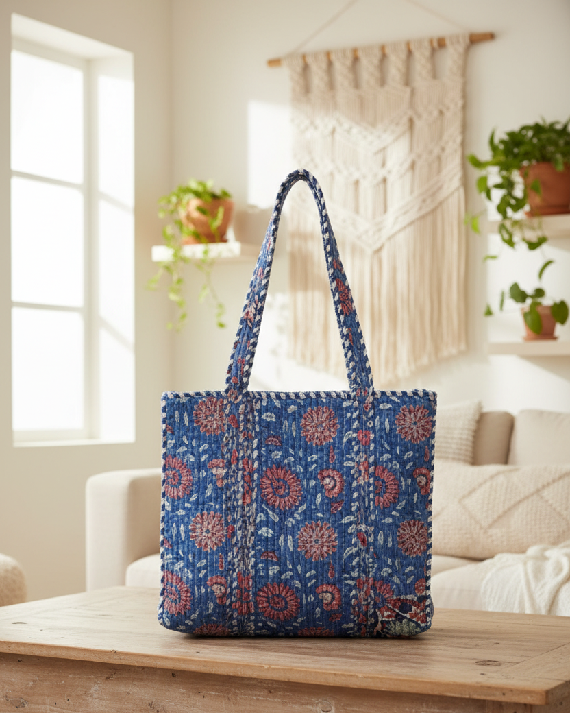 Blue Floral Block Printed Tote Bag