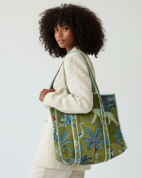 Velvet Block Printed Green Jungle Tote Bag