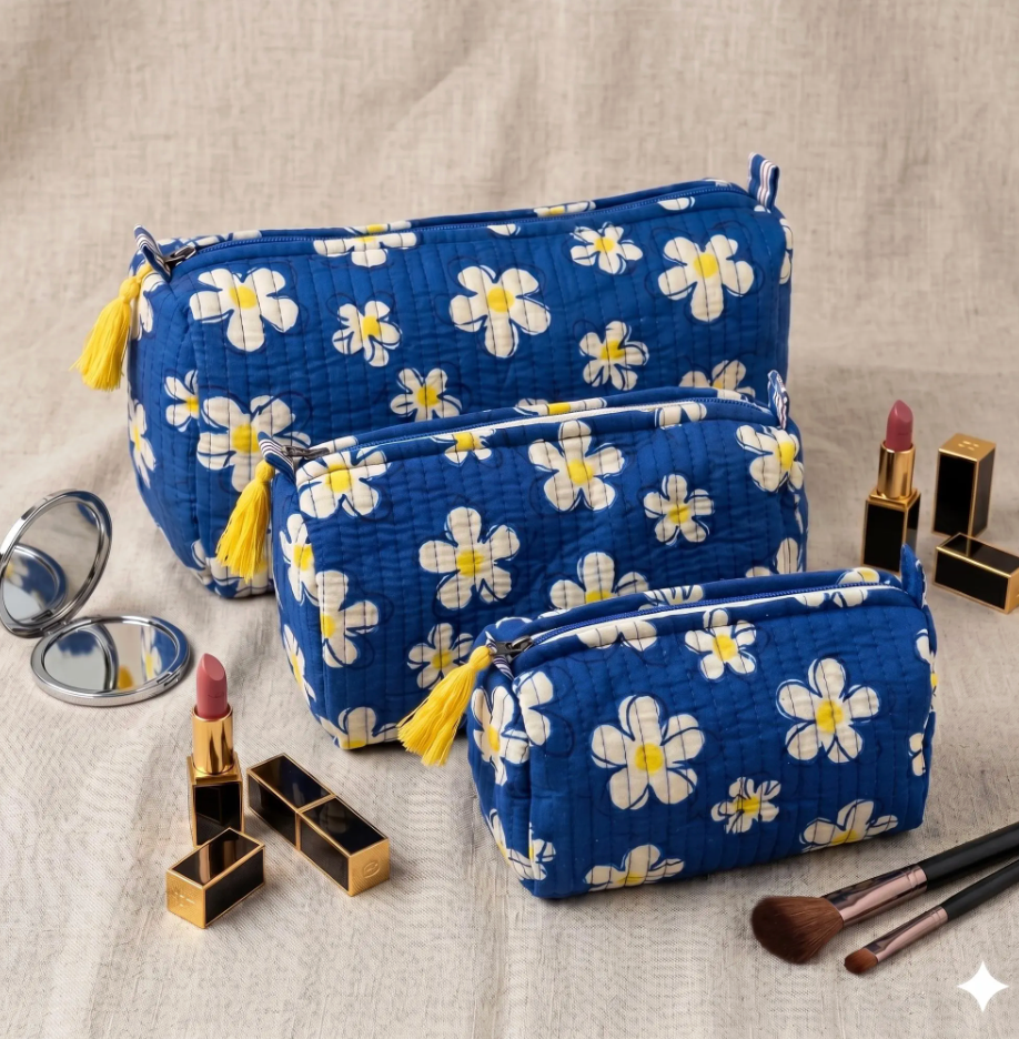 Floral Quilted Tote Bag and Toiletry Pouch Set, Blue Daisy Print 4 Piece Travel Kit