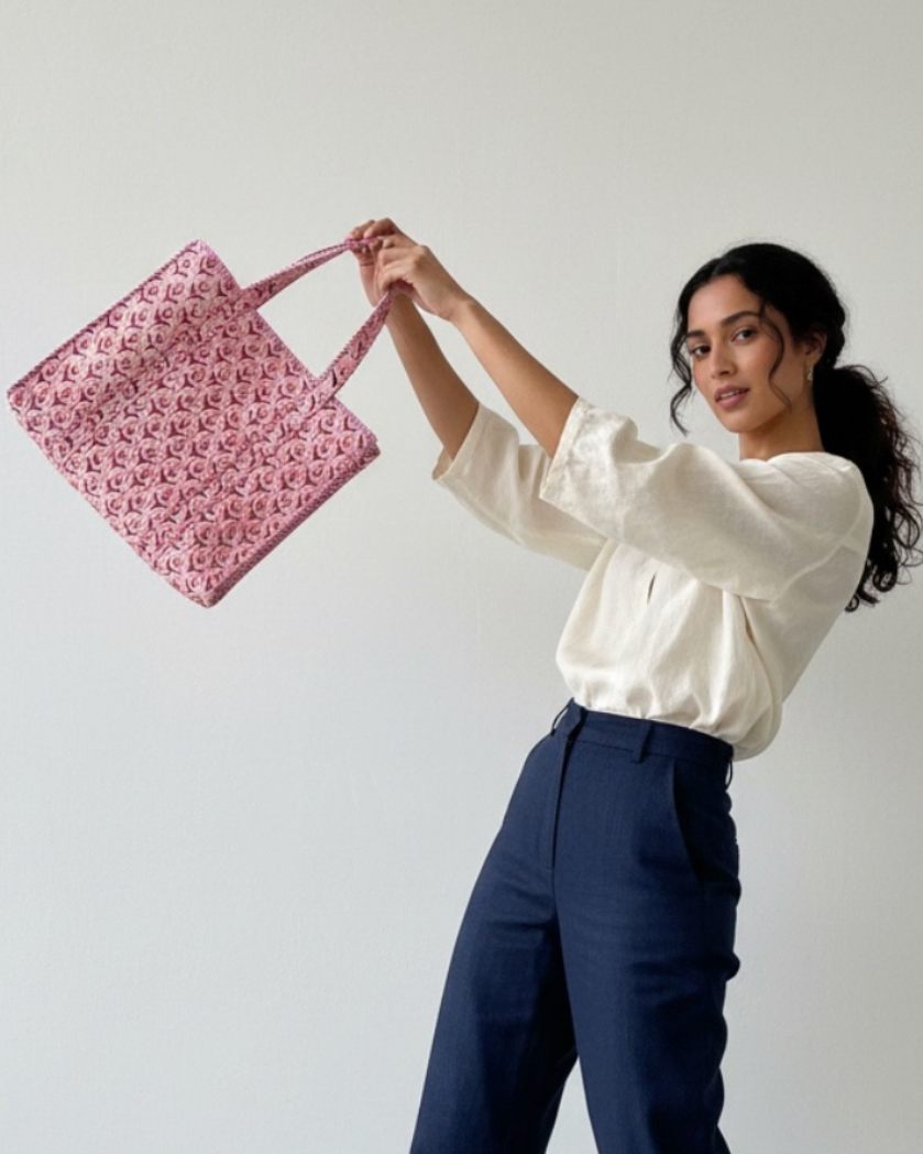 Block Printed Tote Bag in Pink