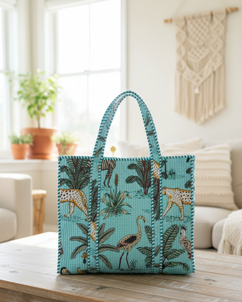 Baby Blue Animal Block Printed Tote Bag