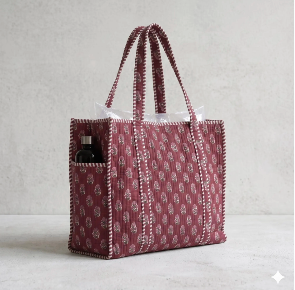 Floral Block Printed Tote Bag