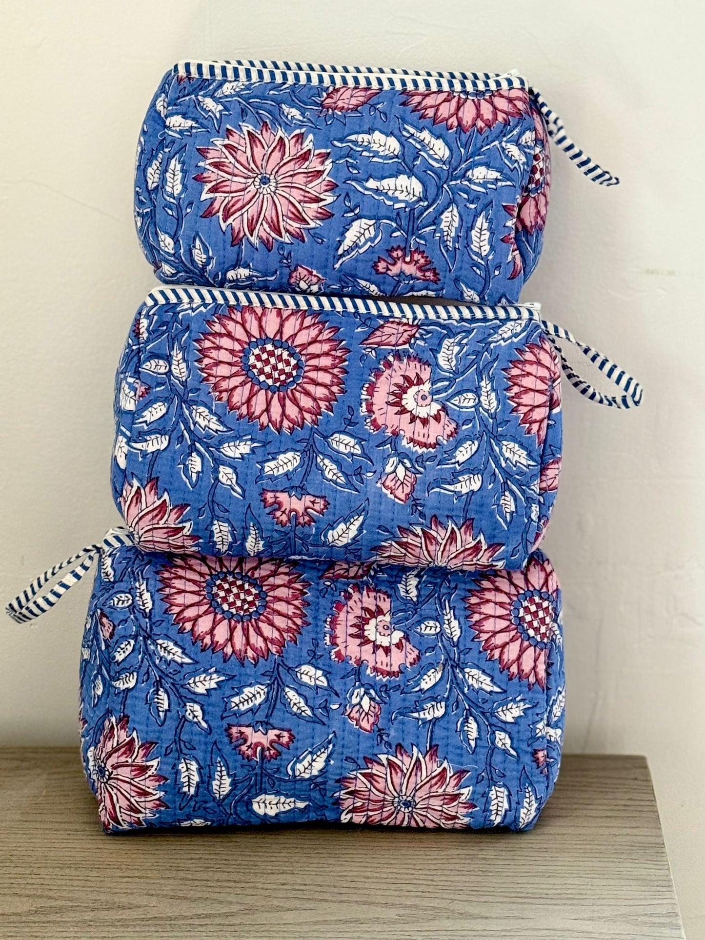 Blue Floral Block Printed Toiletry Bag - Set of 3