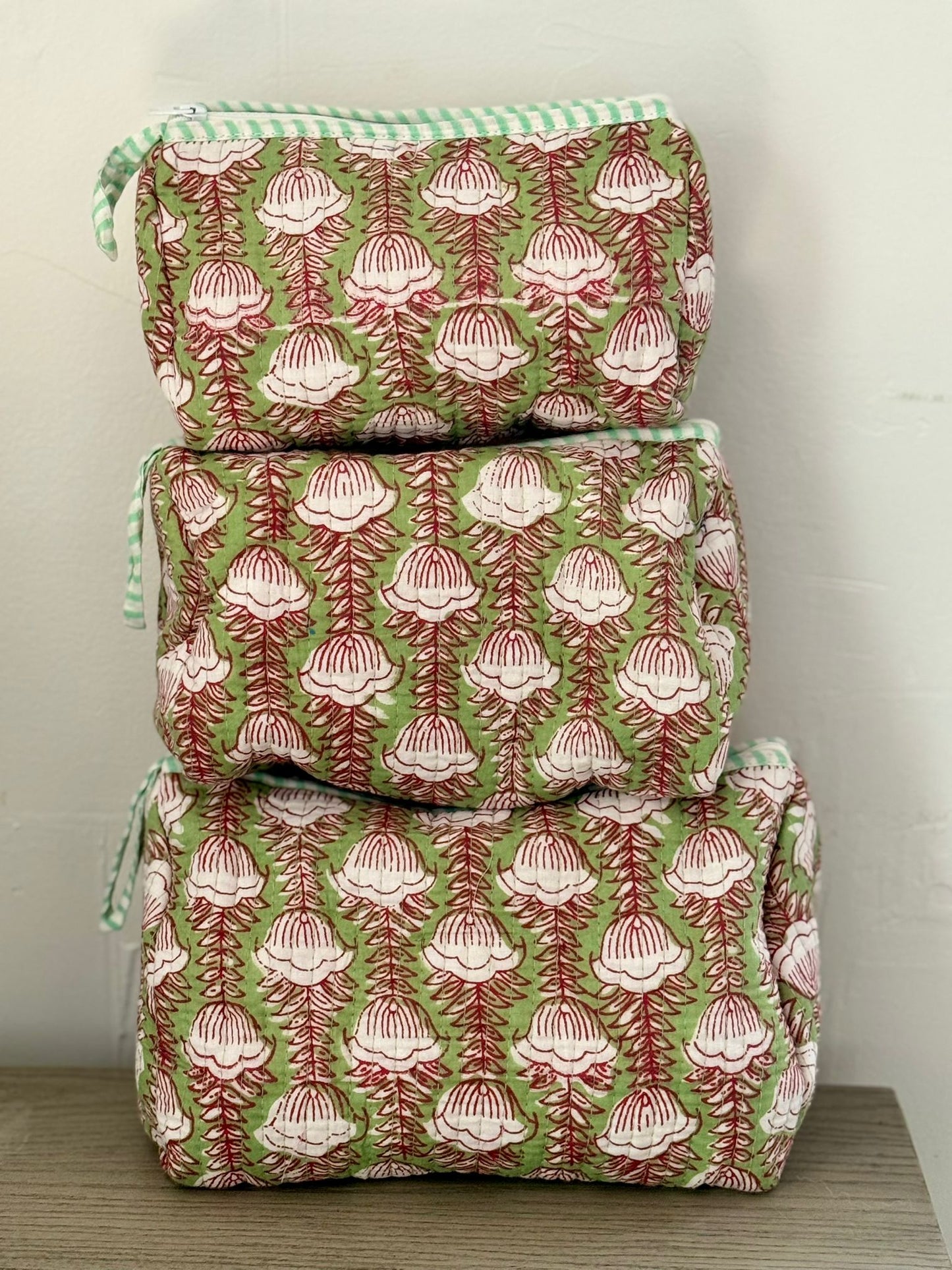Green Block Printed Toiletry Bag - Set of 3