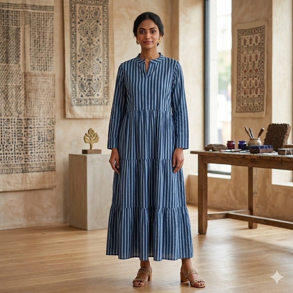 salt stripe 100% cotton block print midi dress for women. Amranis.