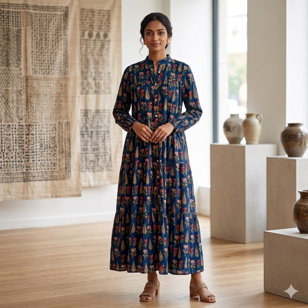 hand block printed 100% cotton midi dress for women usa. Amranis.