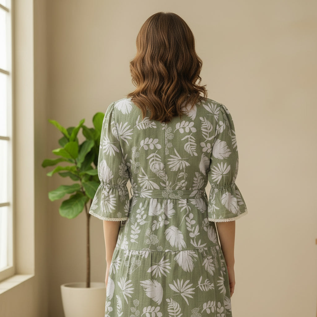 Green Floral Block Print Cotton Midi Dress