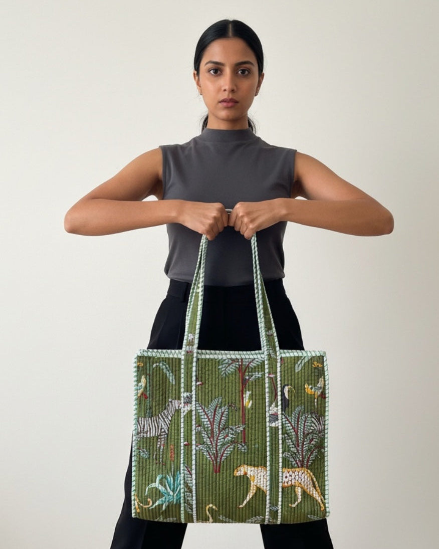 Block Printed Green Tote Bag