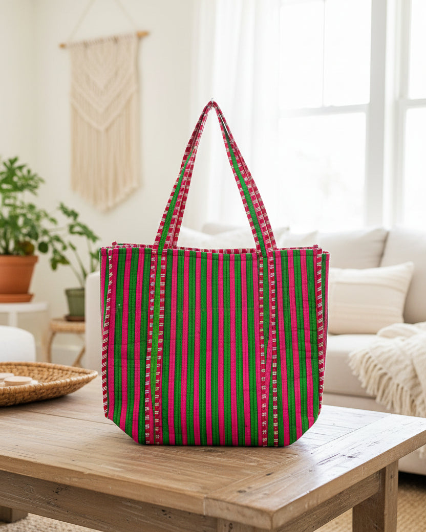 Pink & Green Striped Tote Bag