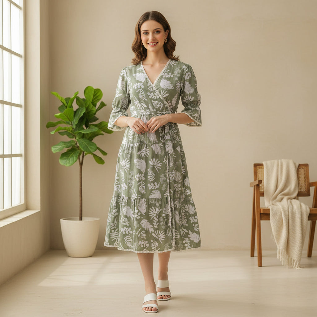 Green Floral Block Print Cotton Midi Dress