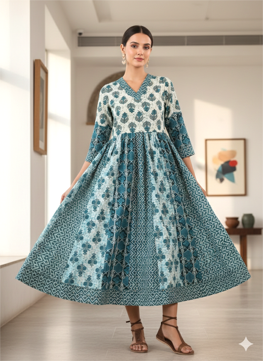 Zariya block printed cotton midi dress women usa Amranis