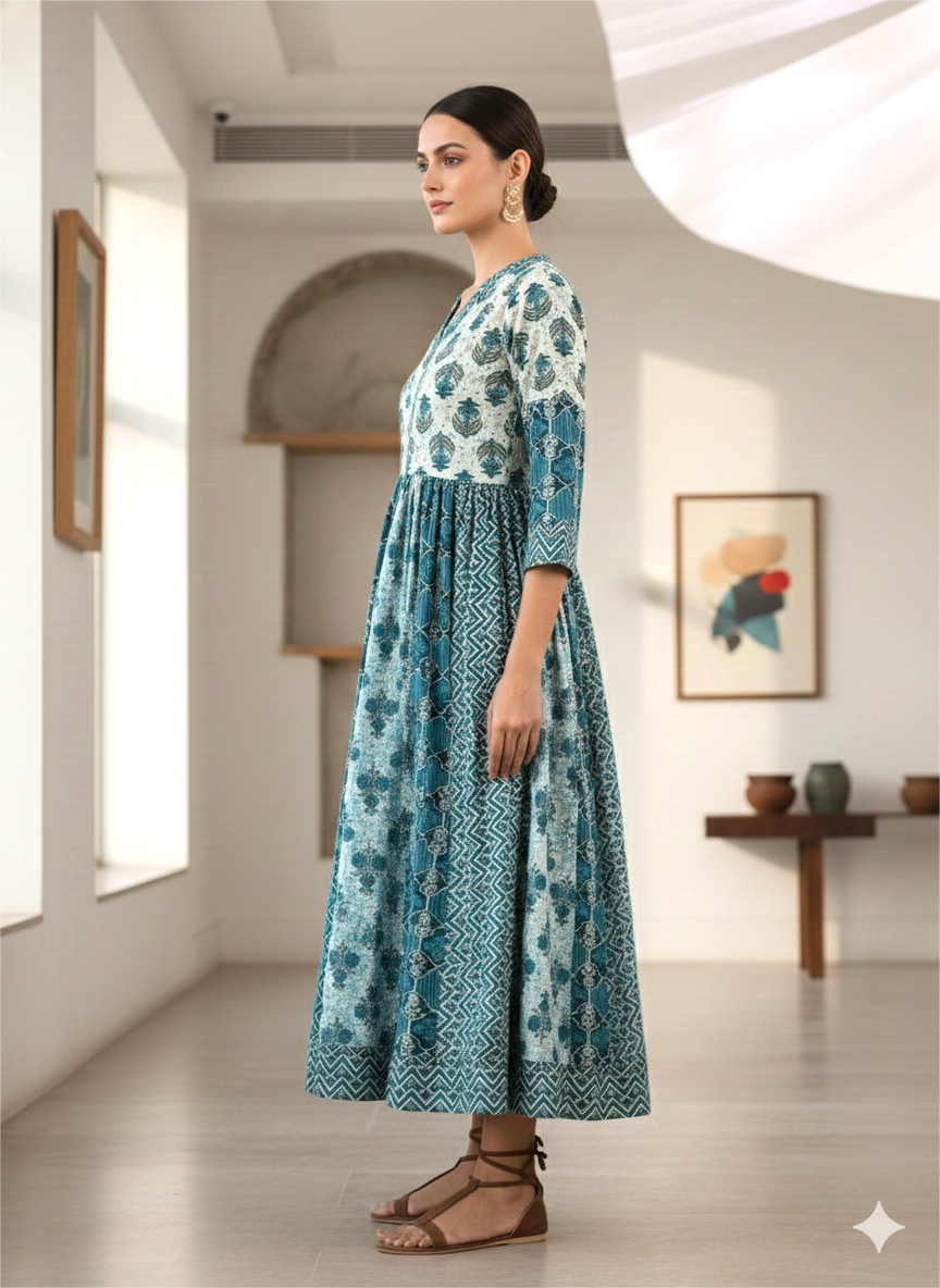 Zariya block printed cotton midi dress women usa Amranis