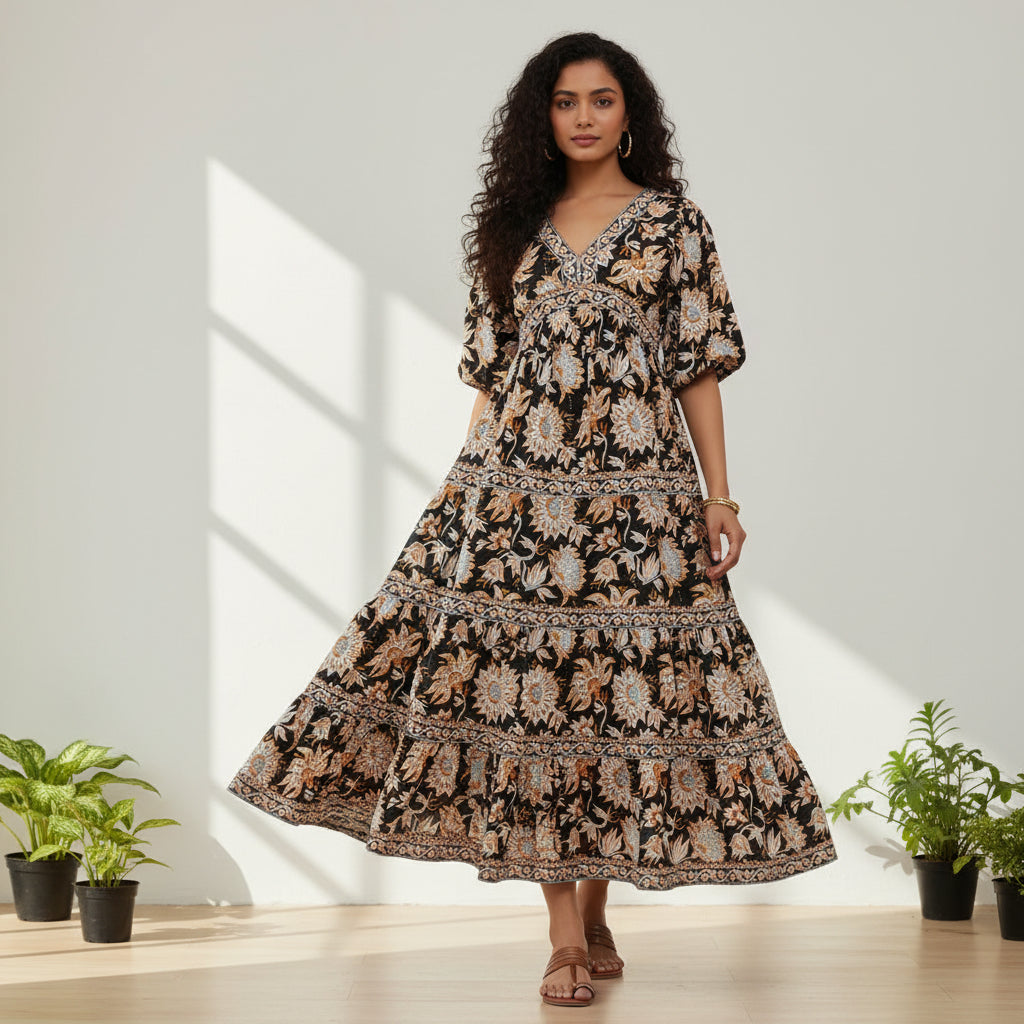 Floral Black Block Printed Cotton Midi Dress