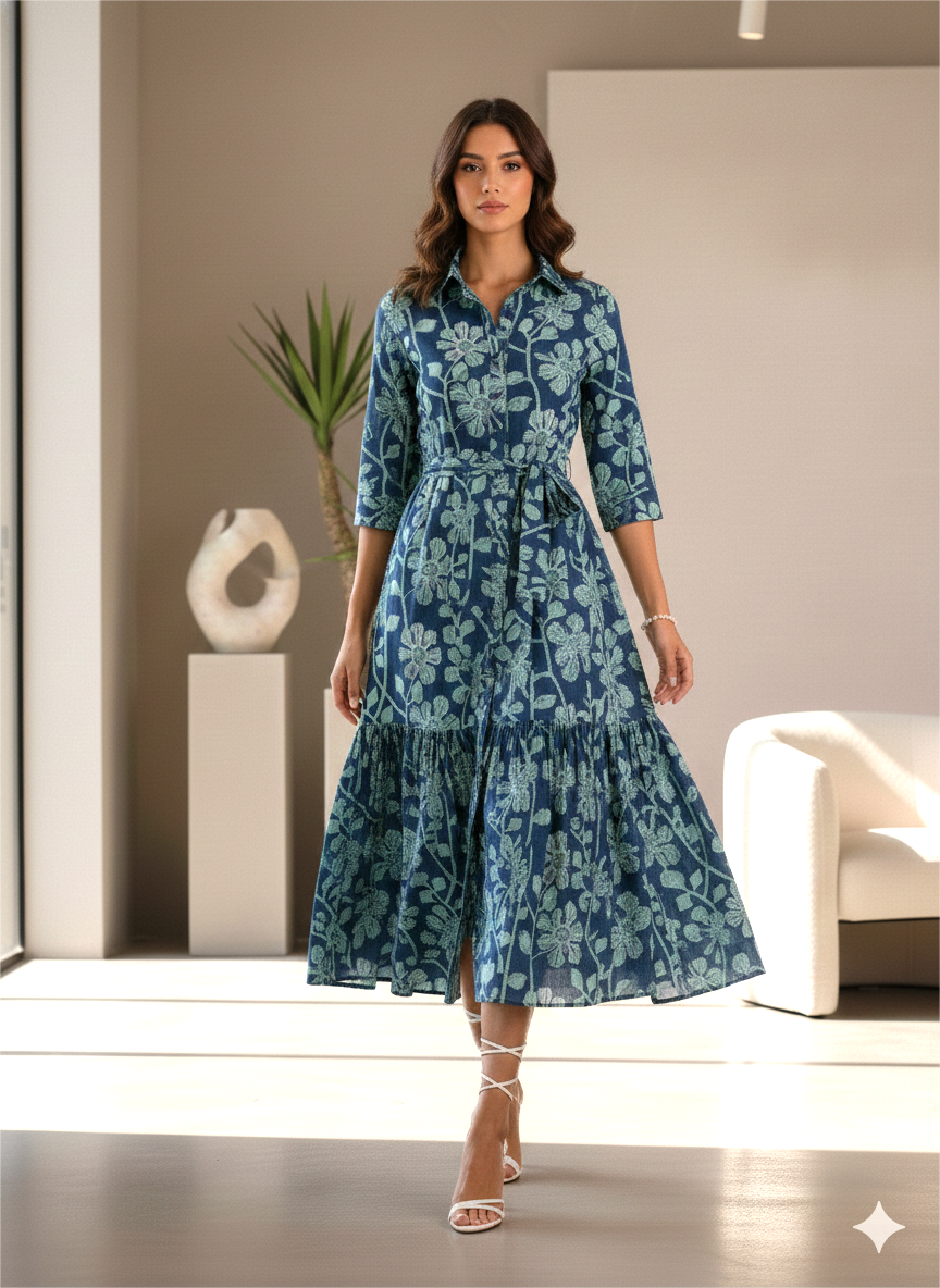 Gulbahar floral block printed cotton midi dress Amranis usa.

