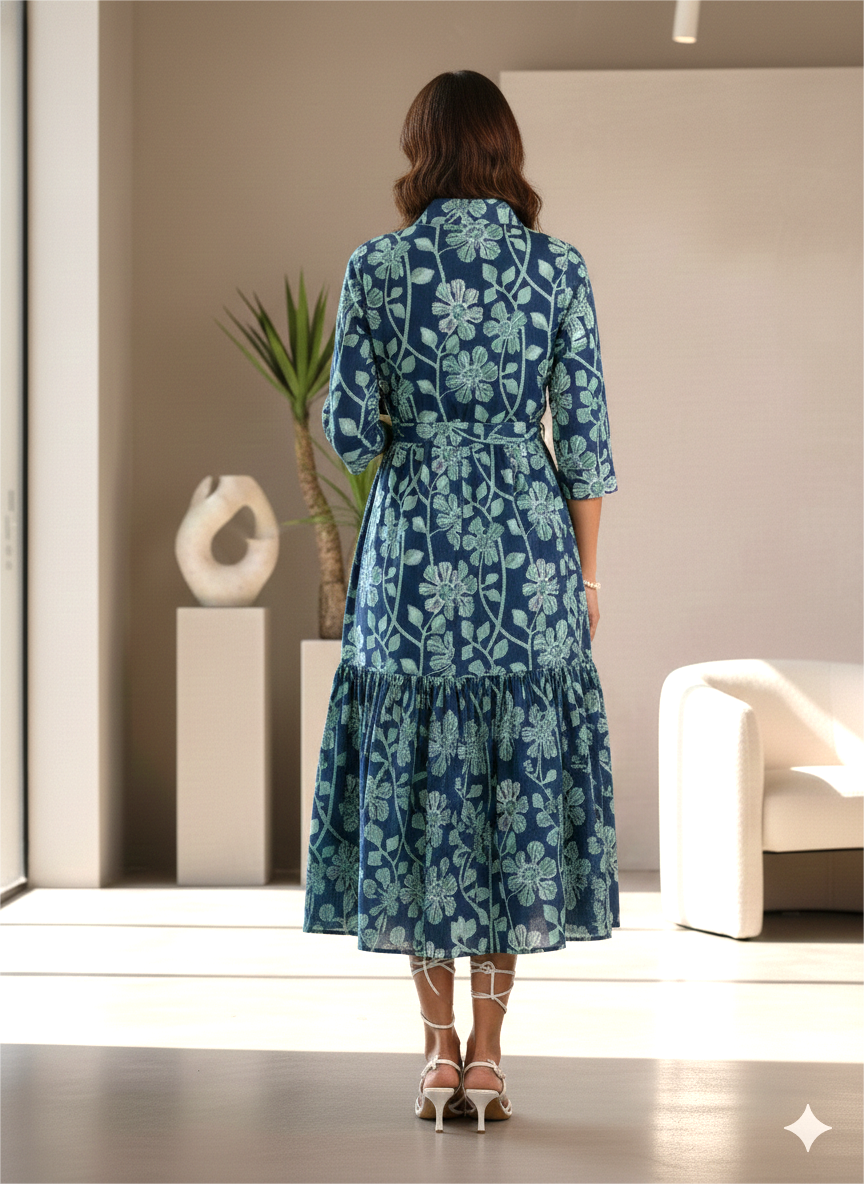 Gulbahar floral block printed cotton midi dress Amranis usa.
