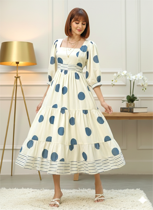 Neel Tara blue polka dot block printed cotton midi dress Amranis