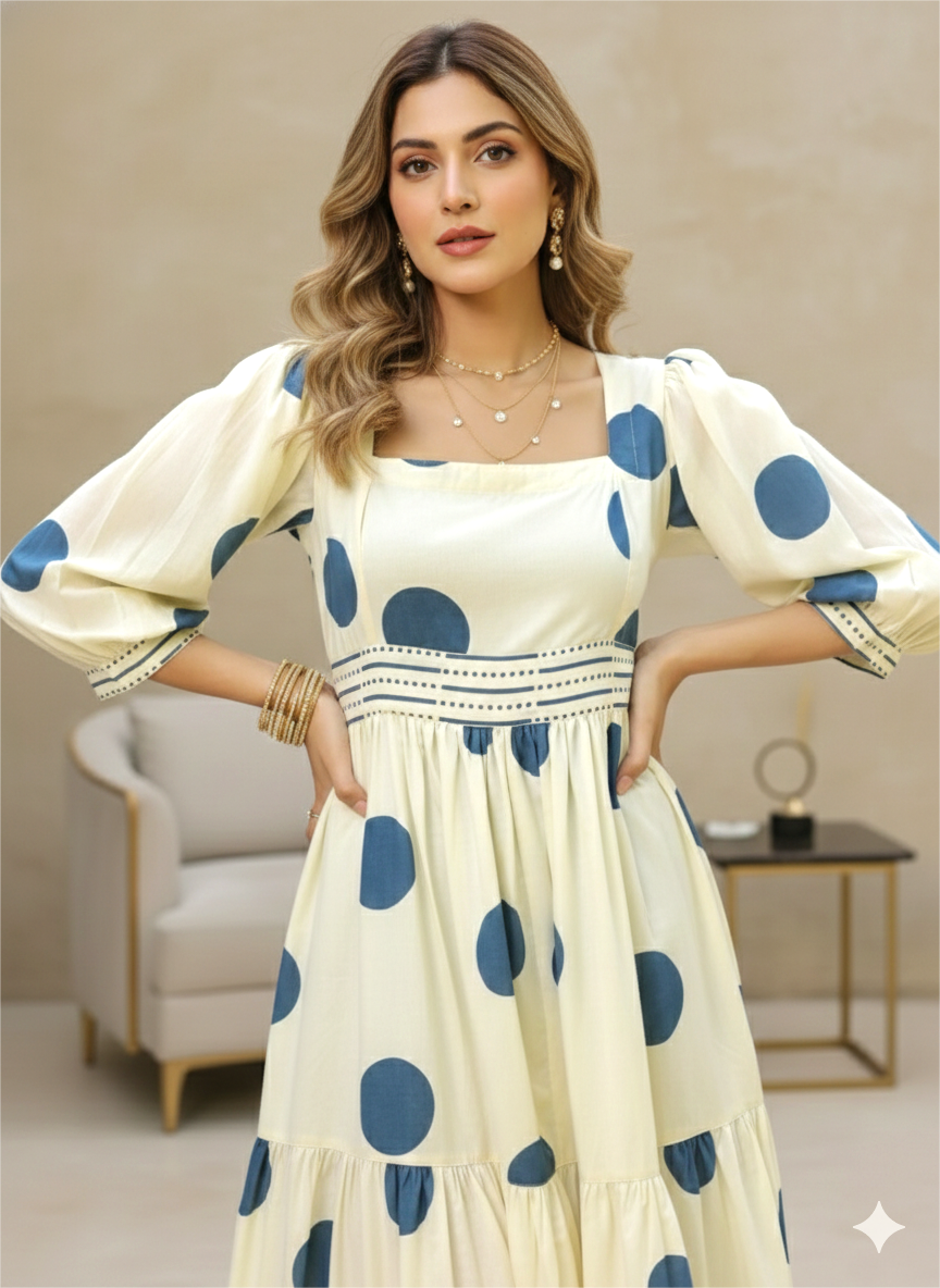Neel Tara blue polka dot block printed cotton midi dress Amranis