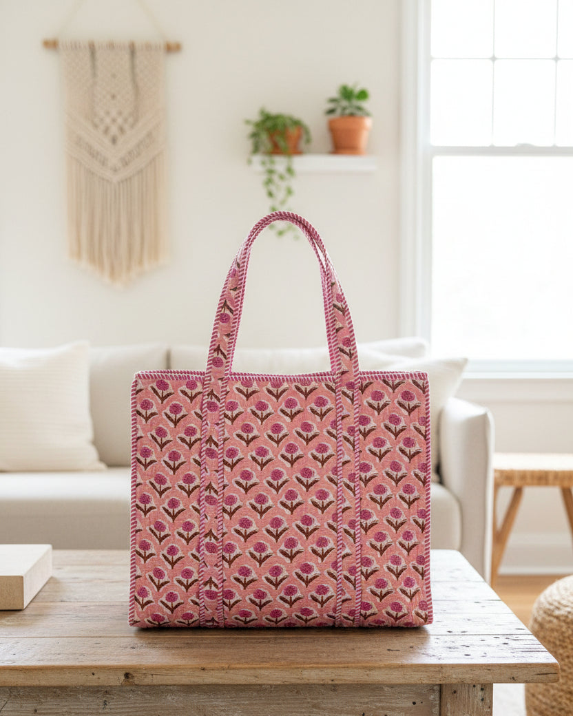 Block Printed Tote Bag in Pink
