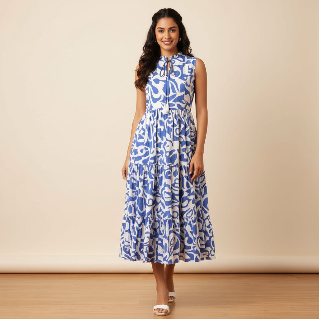 Sky blue Block Print Cotton Midi Dress