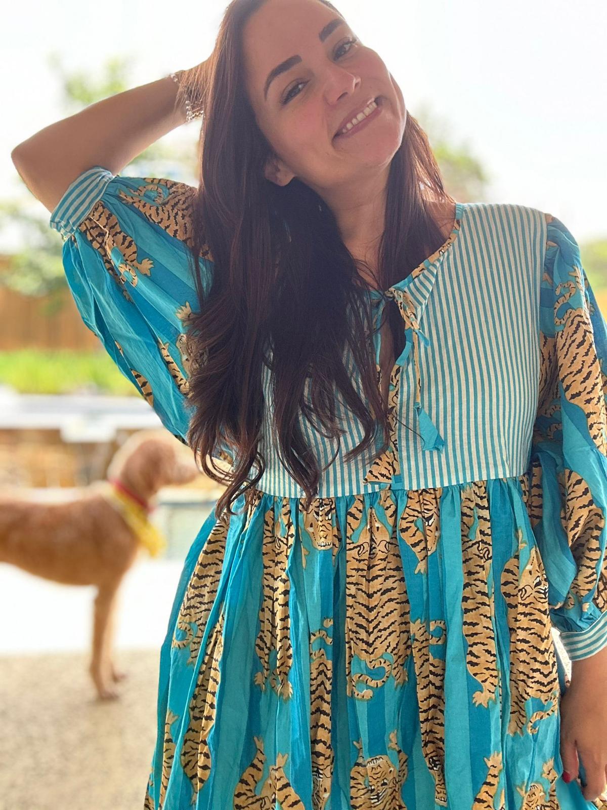 Tiger Block Printed Midi Dress - Blue
