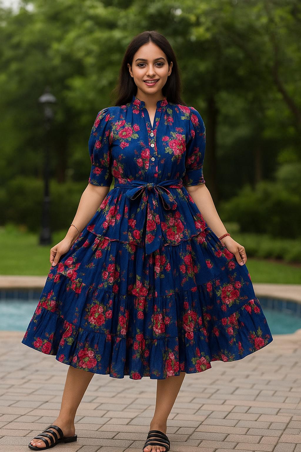 Floral Block Printed Midi Dress in Navy Blue