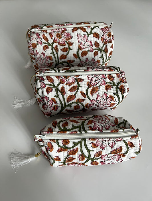 Floral Block Printed Toiletry Bag - Set of 3