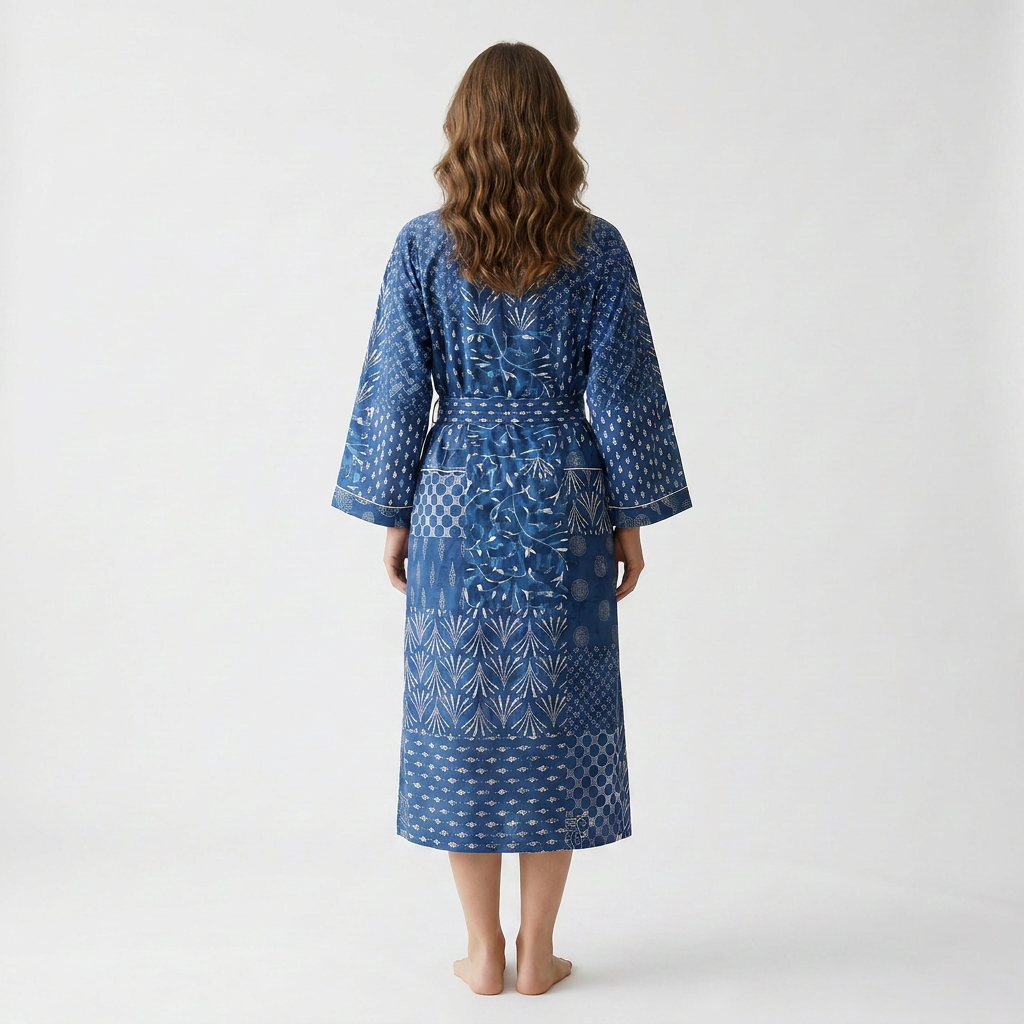 Indigo Block Print Cotton Robe
