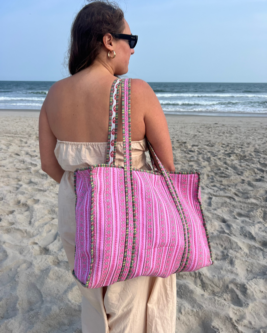 Baby Pink Block Printed Tote Bag