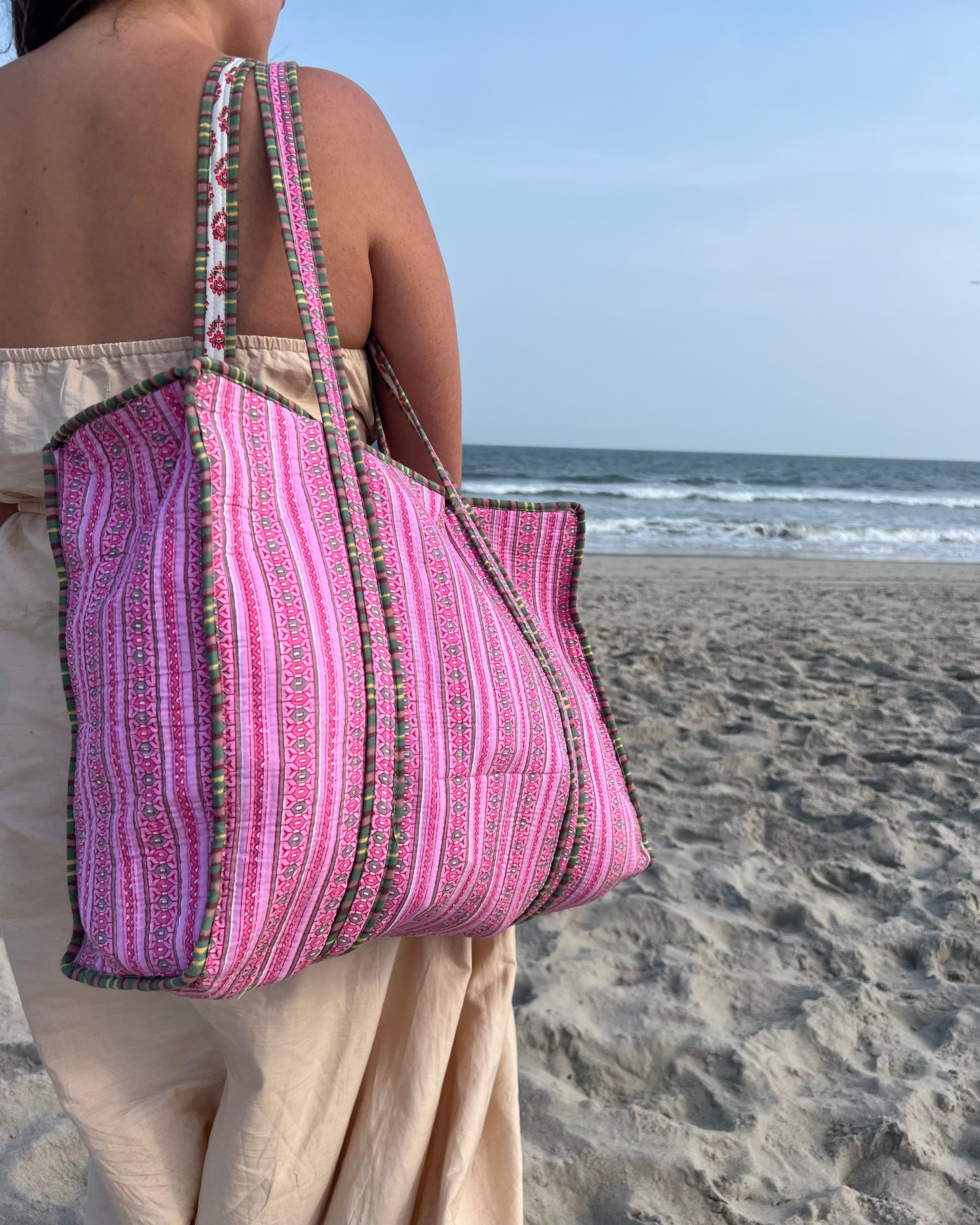 Baby Pink Block Printed Tote Bag