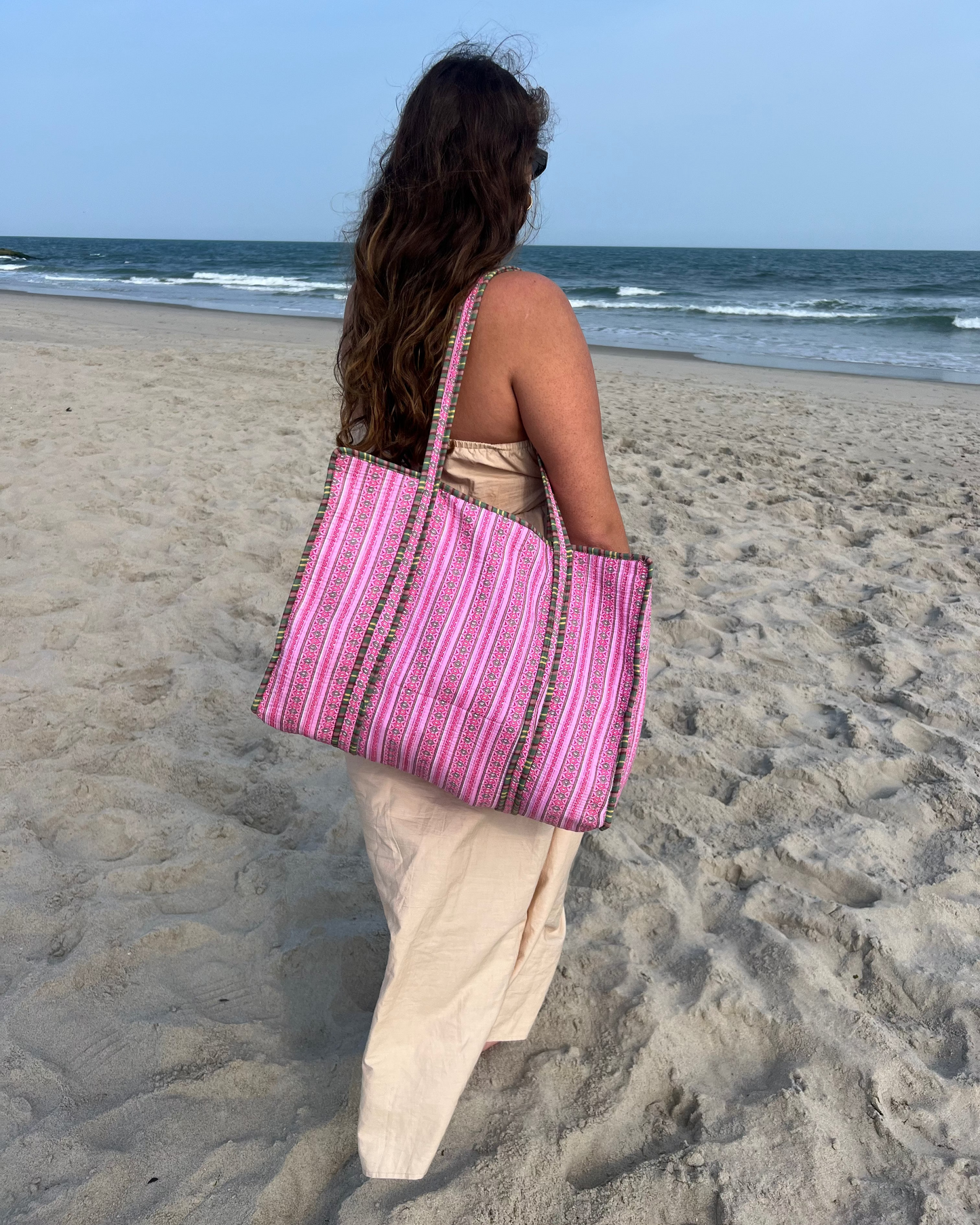 Baby Pink Block Printed Tote Bag