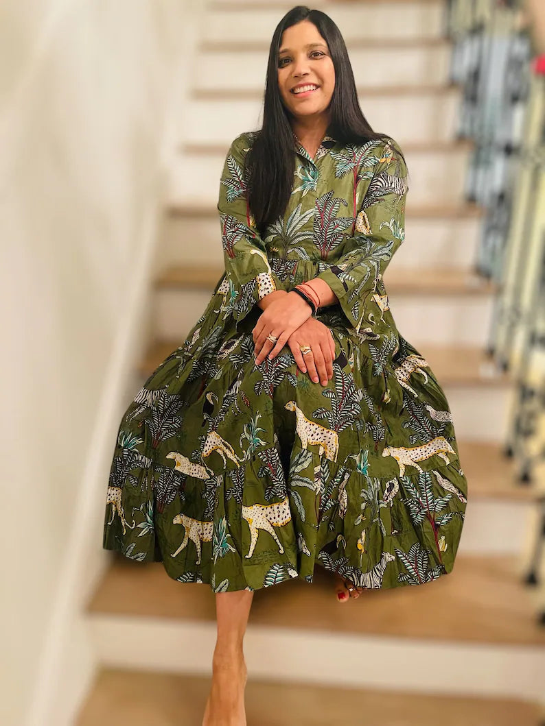 Green Jungle Printed Midi Dress