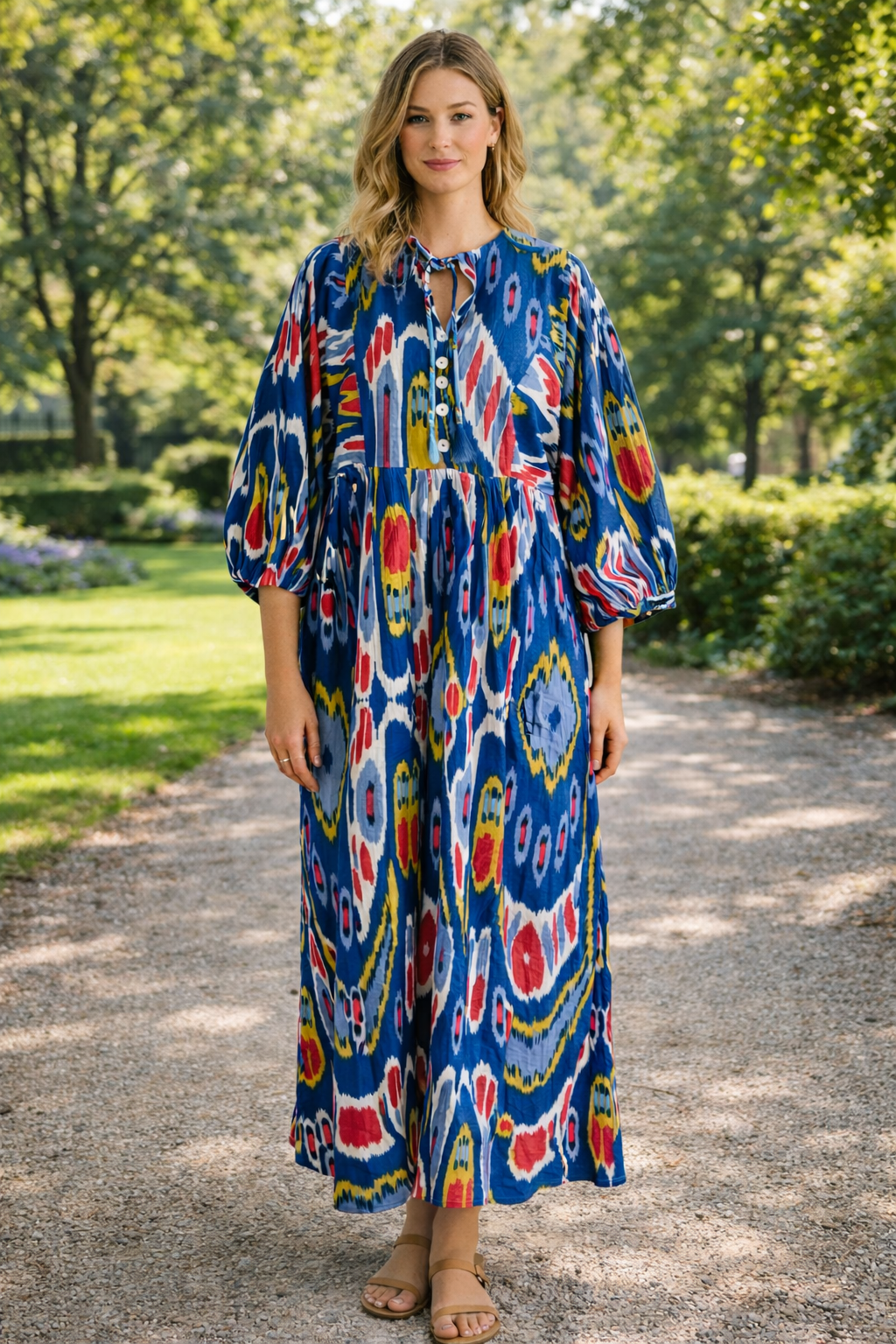 Indian crafted ikat midi dress women block print artisan Amranis.