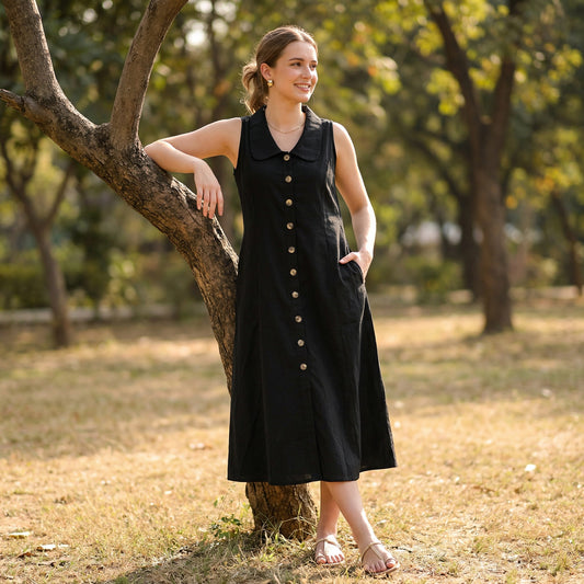 Black Linen Cotton Blend Midi Dress: Sleeveless A-Line Summer Dress