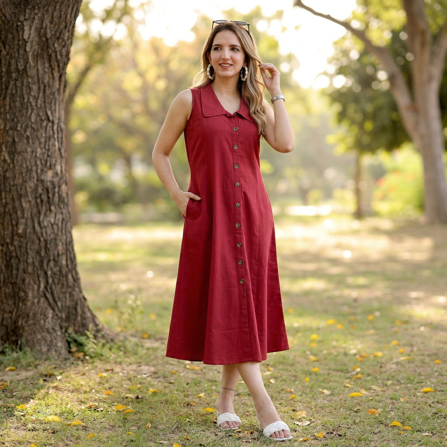 Red Linen Cotton Blend Midi Dress: Sleeveless A-Line Summer Dress