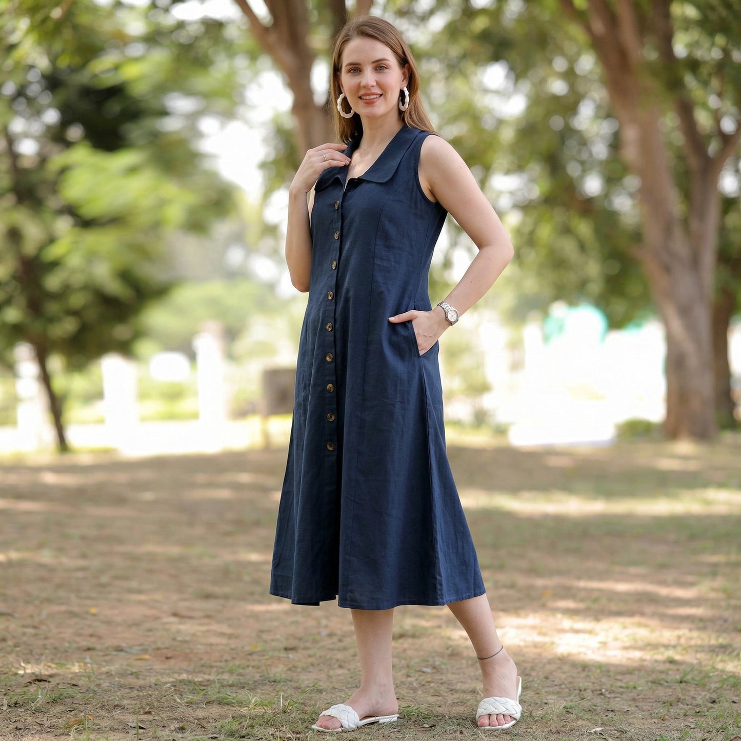 Blue Linen Cotton Blend Midi Dress: Sleeveless A-Line Summer Dress
