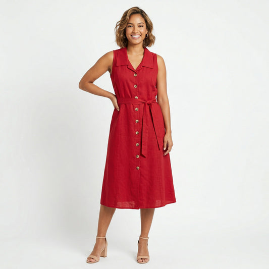 Red Linen Cotton Blend Midi Dress: Sleeveless A-Line Summer Dress