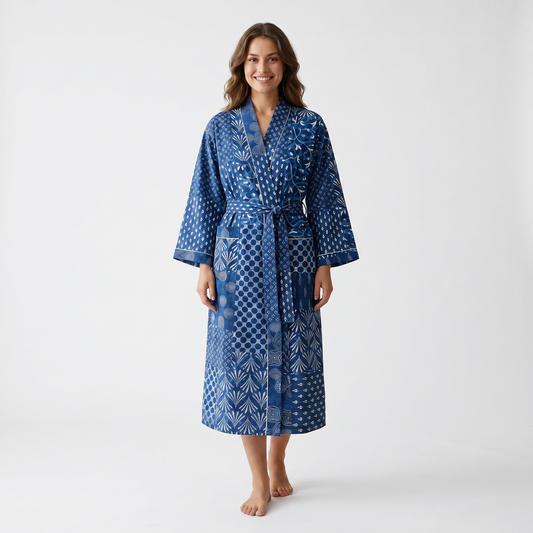 Indigo Block Print Cotton Robe