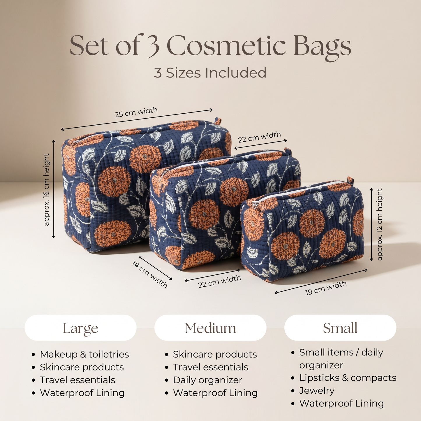 Vintage Block Print Set of 3 Bags