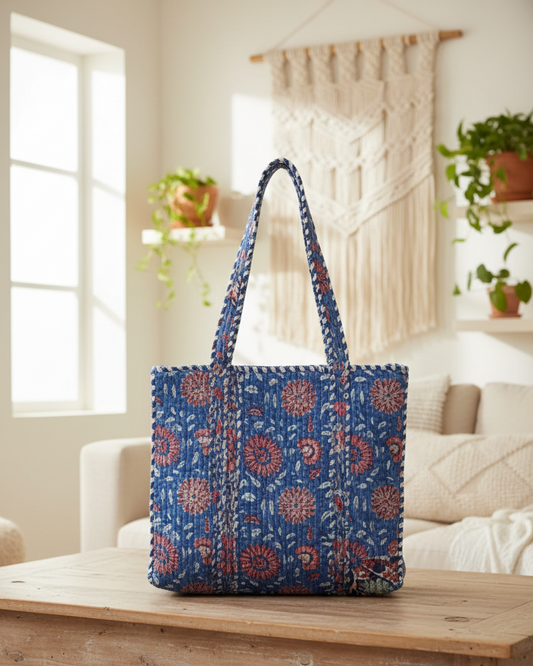 Blue Floral Block Printed Tote Bag