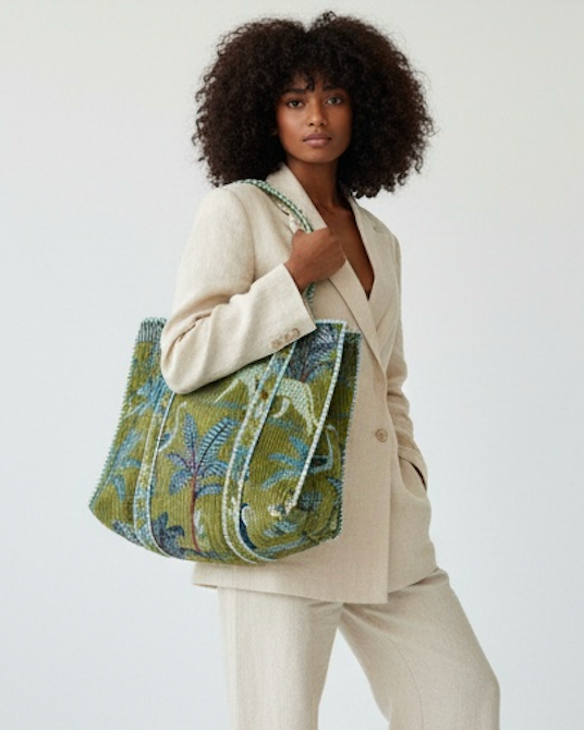 Velvet Block Printed Green Jungle Tote Bag