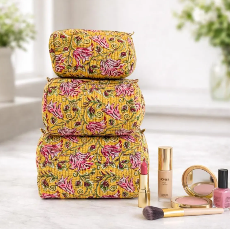 Yellow Floral Cosmetic Bag Set of 3