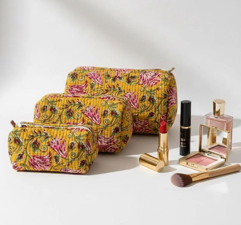 Yellow Floral Cosmetic Bag Set of 3
