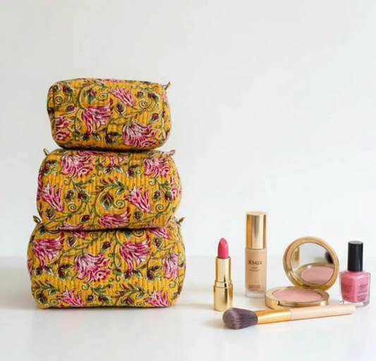 Yellow Floral Cosmetic Bag Set of 3