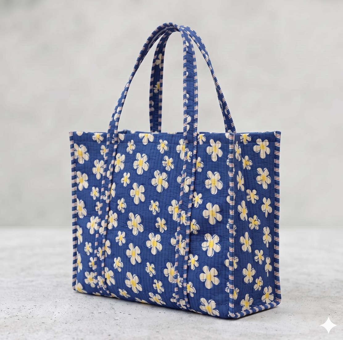 Floral Quilted Tote Bag and Toiletry Pouch Set, Blue Daisy Print 4 Piece Travel Kit