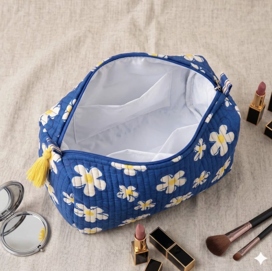 Toiletry Pouch Set of 3 Blue Daisy Print