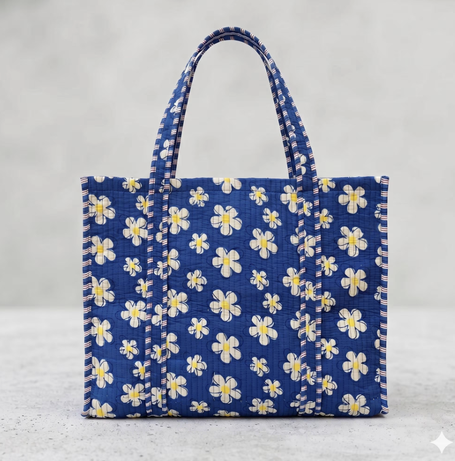 Floral Quilted Tote Bag and Toiletry Pouch Set, Blue Daisy Print 4 Piece Travel Kit